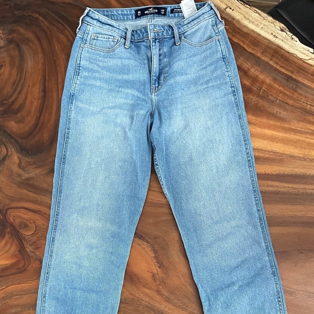 Hollister High Rise Mom Jean with Distressed Detail at the Hem & Back Pocket